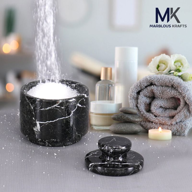 Marble Salt Cellar with Lid 3'' Black Zebra spices, Sugar & Coffee Containers- Candy & Seasoning Jars For Kitchen Table