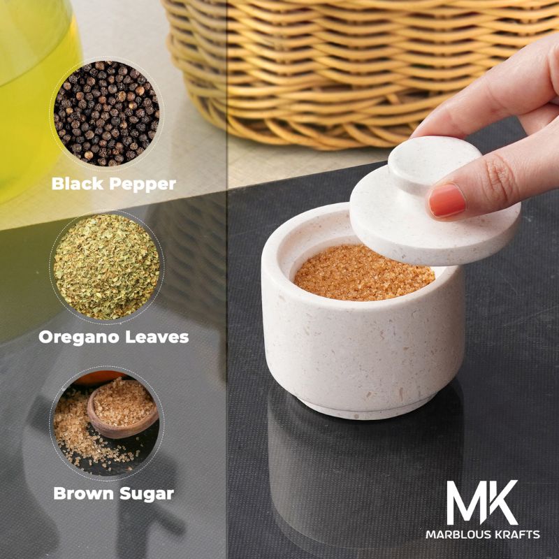 Marble Salt Cellar with Lid 3'' White Onyx spices, Sugar & Coffee Containers- Candy & Seasoning Jars For Kitchen Table