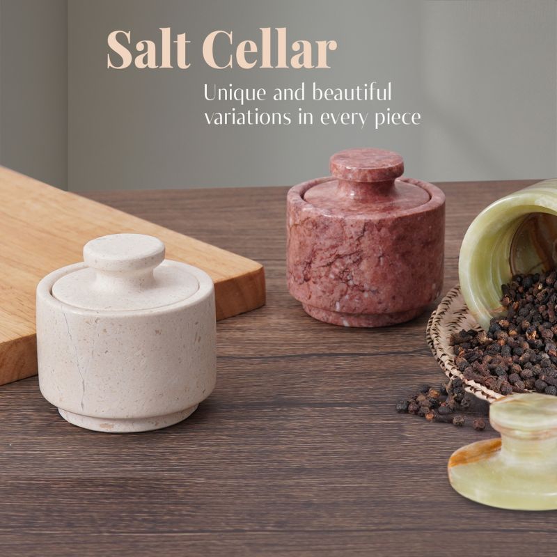 Marble Salt Cellar with Lid 3'' White Onyx spices, Sugar & Coffee Containers- Candy & Seasoning Jars For Kitchen Table