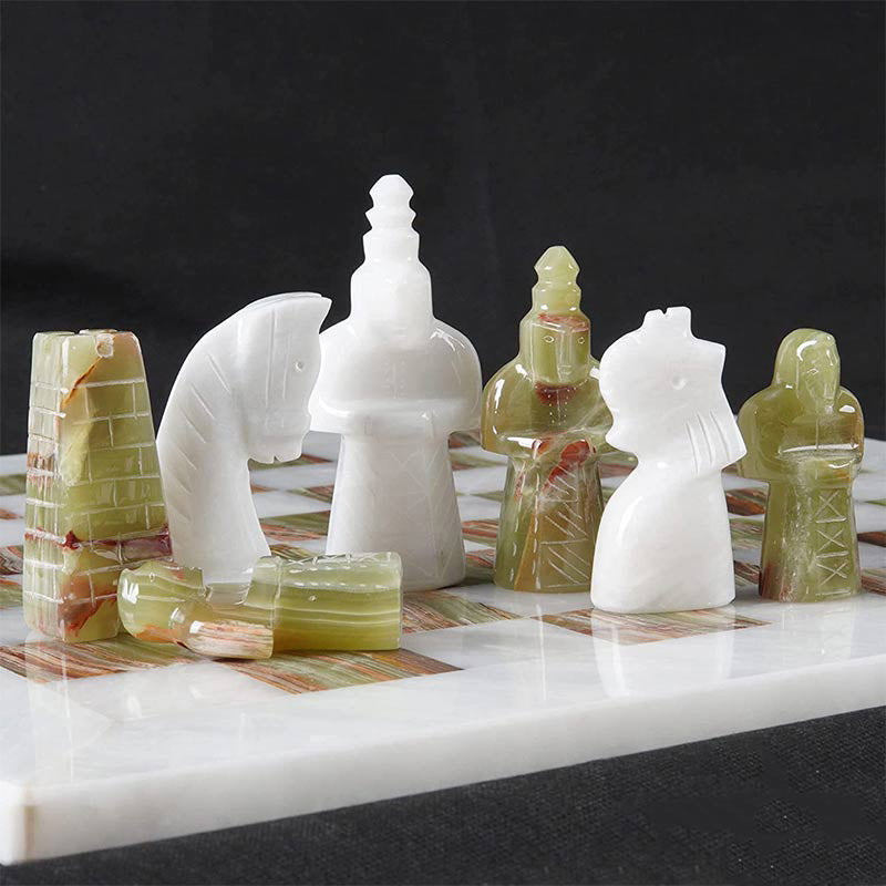 15 Inches White And Green Antique Premium Quality Marble Chess Set