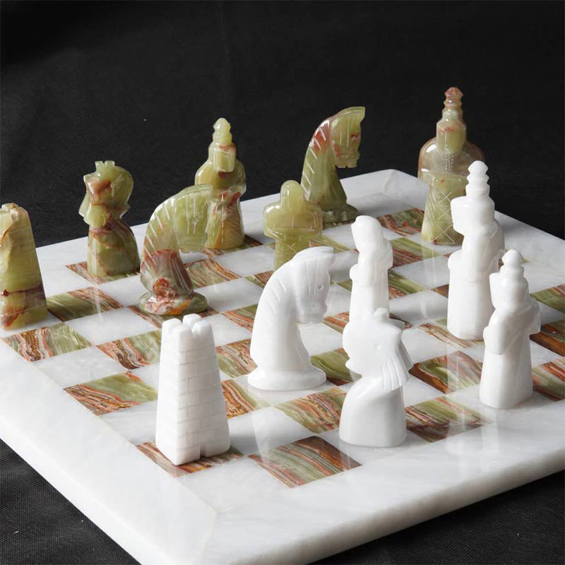 15 Inches White And Green Antique Premium Quality Marble Chess Set