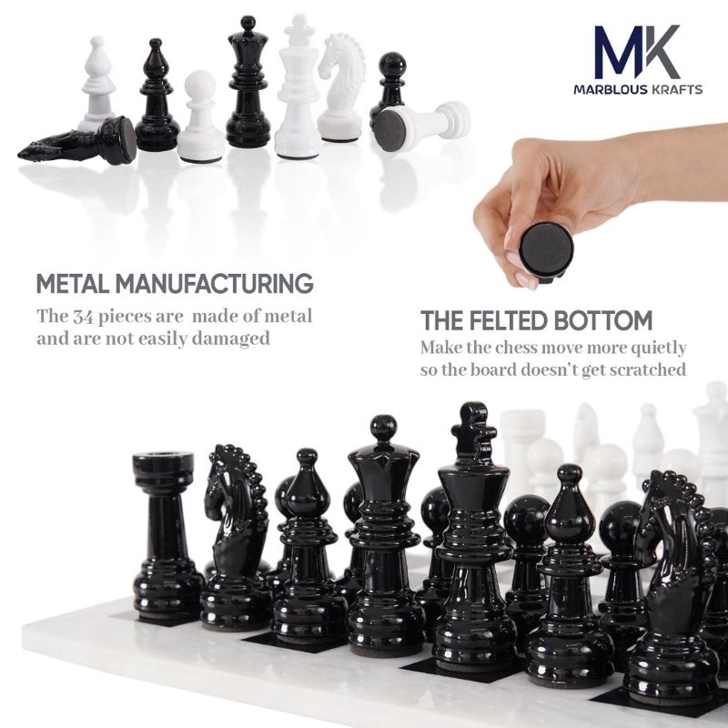 15" White and Black Quality Marble Chess Set with Metallic Figures and Extra Queen