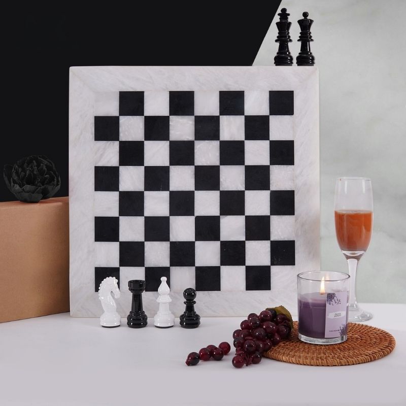 15" White and Black Quality Marble Chess Set with Metallic Figures and Extra Queen
