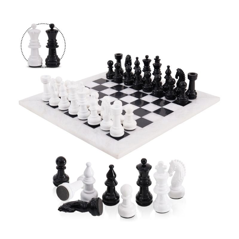 15" White and Black Quality Marble Chess Set with Metallic Figures and Extra Queen