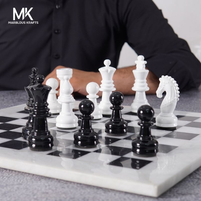 15" White and Black Quality Marble Chess Set with Metallic Figures and Extra Queen