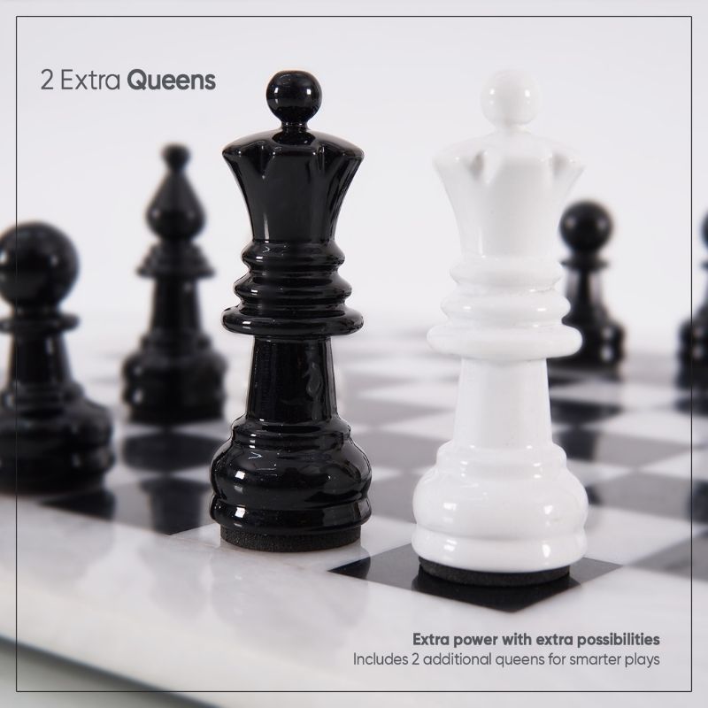 15" White and Black Quality Marble Chess Set with Metallic Figures and Extra Queen