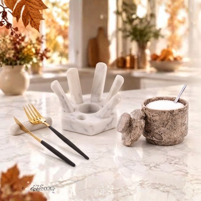 WHITE Utensil rest and OCEANIC salt cellar