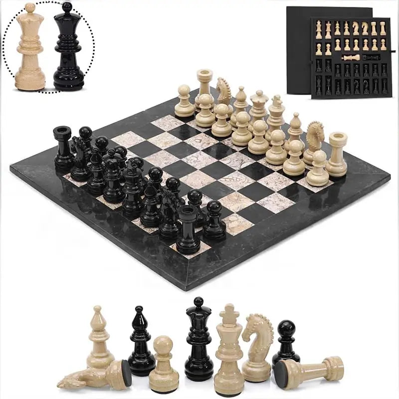 Marble 15" Black and Coral Chess Set with Metallic Figures, Storage Box Extra Queen