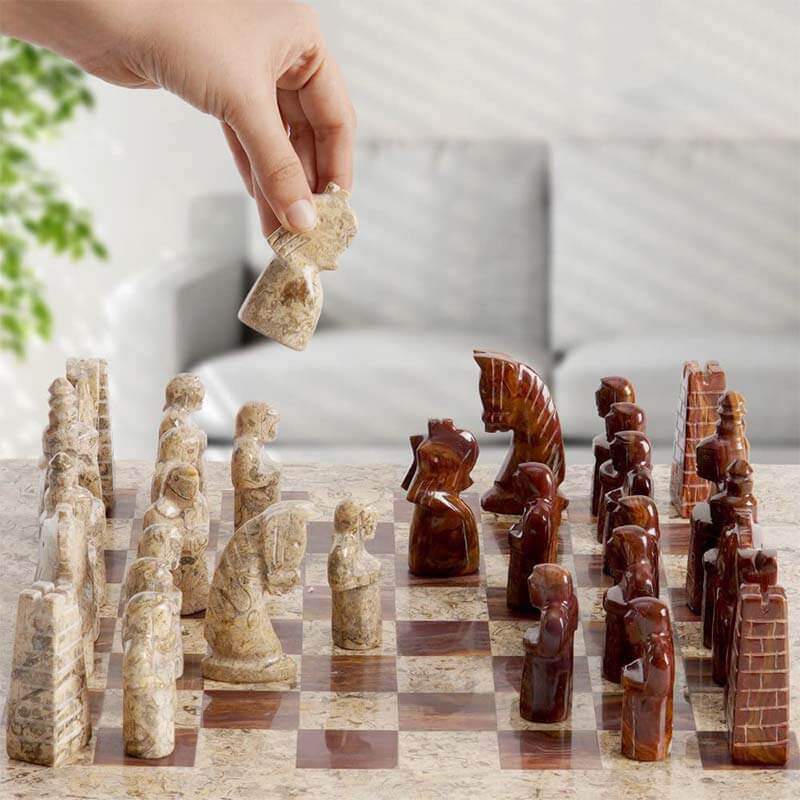 Coral and Red Antique 15 Inches Premium Quality Marble Chess Set