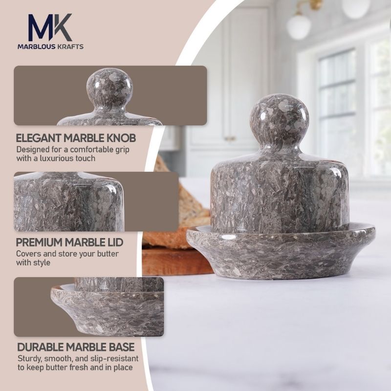 Marble Butter Dish With Lid 4" Oceanic French Butter Crock for Soft Spreadable Butter - Home & kitchen storage