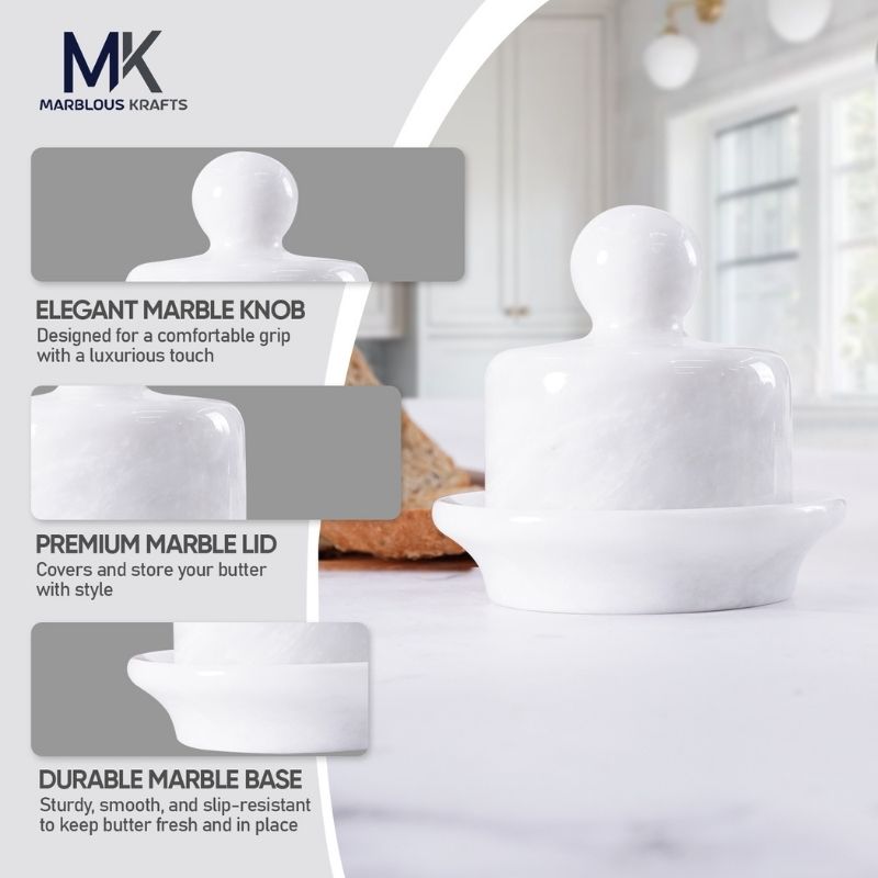 Marble Butter Dish With Lid 4" White Butter container for Soft Spreadable Butter keeper - kitchen counter