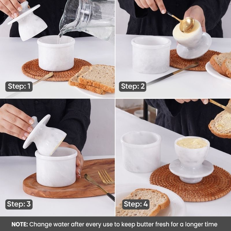 Marble Butter Keeper 4" White Ziarat Butter Crock for Soft Spreadable Butter kitchen counterTop