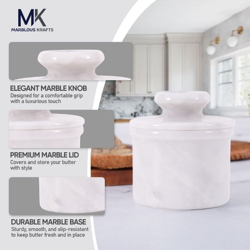 Marble Butter Keeper 4" White Ziarat Butter Crock for Soft Spreadable Butter kitchen counterTop