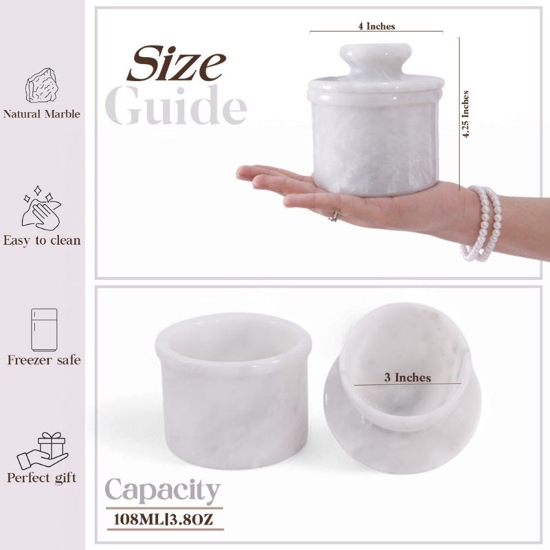 Marble Butter Keeper 4" White Ziarat Butter Crock for Soft Spreadable Butter kitchen counterTop