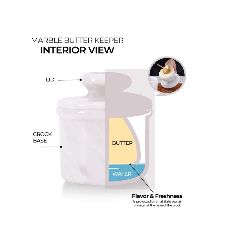 Marble Butter Keeper 4" White Ziarat Butter Crock for Soft Spreadable Butter kitchen counterTop
