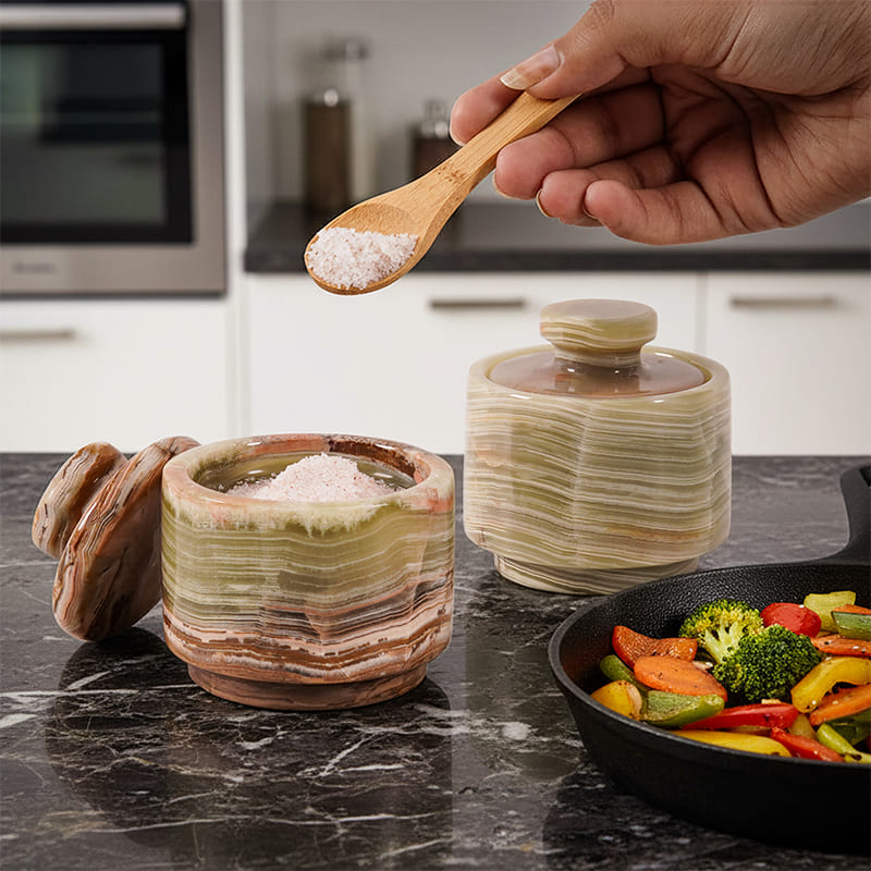 Marble Salt Cellar Set of 2 with Lid — Handcrafted Natural Stone Salt Box for Kitchen