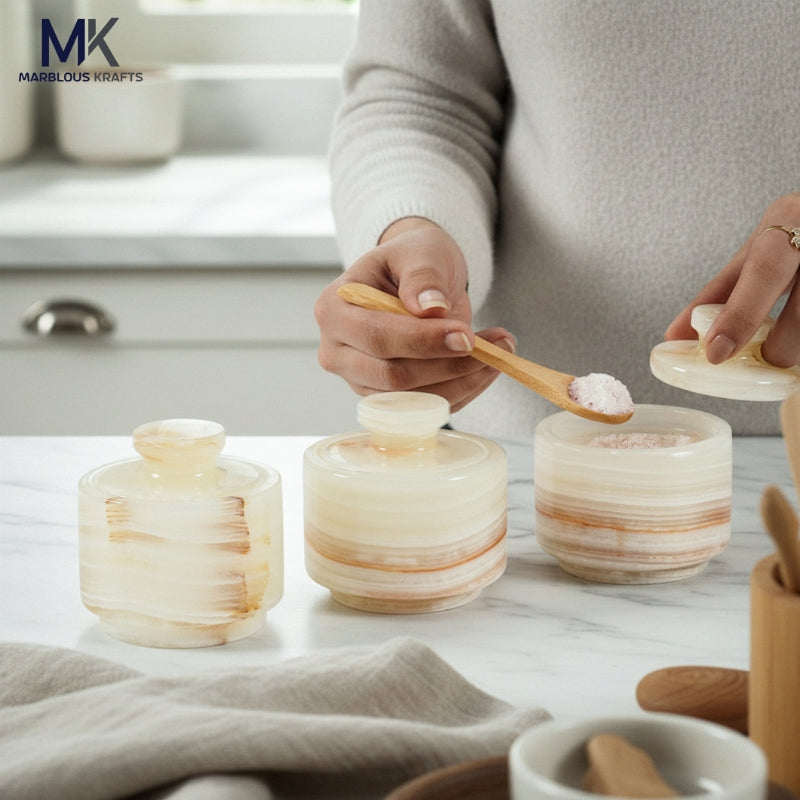 Salt Cellar Set of 3 with Lid, Handcrafted Natural Stone Salt Container for Kitchen Counter