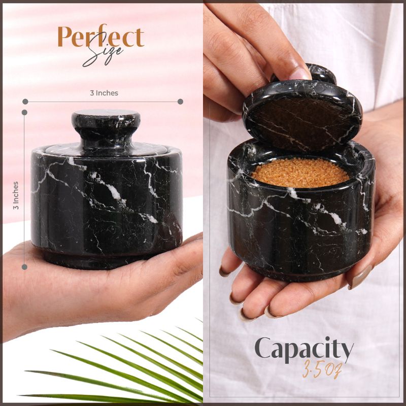 Marble Salt Cellar with Lid 3'' Black Zebra spices, Sugar & Coffee Containers- Candy & Seasoning Jars For Kitchen Table