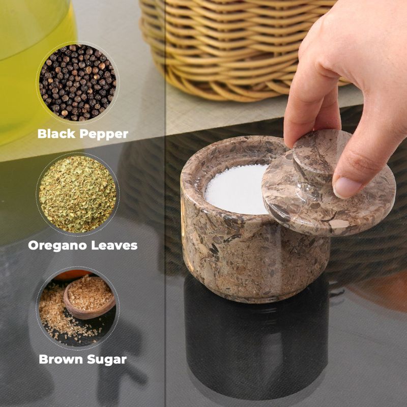 Marble Salt Cellar with Lid 3'' Oceanic Garlic Salt & Pepper Container Home Storage - Salt Jar For Kitchen Table & Accessories