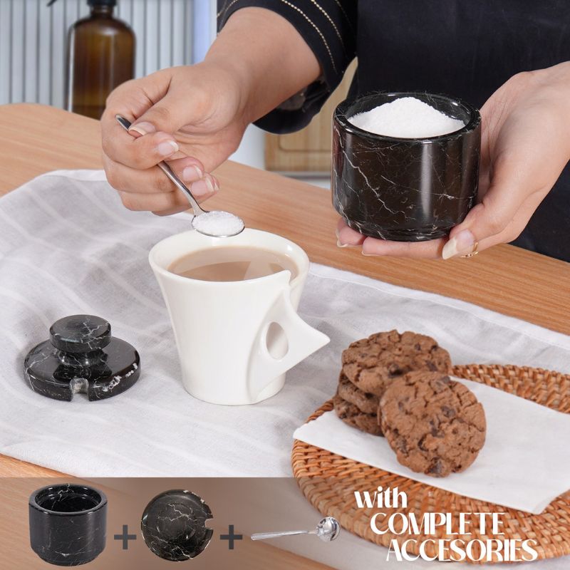 Marble Salt Cellar with Lid and Spoon 3'' Black Zebra Salt Holder for Kitchen Table Décor - Seasoning Storage Container