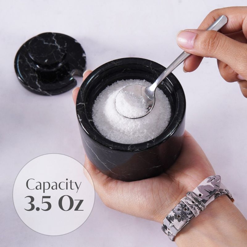 Marble Salt Cellar with Lid and Spoon 3'' Black Zebra Salt Holder for Kitchen Table Décor - Seasoning Storage Container