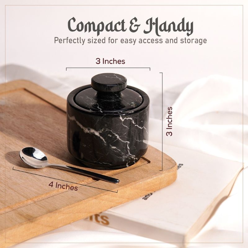 Marble Salt Cellar with Lid and Spoon 3'' Black Zebra Salt Holder for Kitchen Table Décor - Seasoning Storage Container