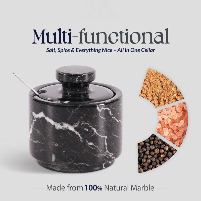 Marble Salt Cellar with Lid and Spoon 3'' Black Zebra Salt Holder for Kitchen Table Décor - Seasoning Storage Container