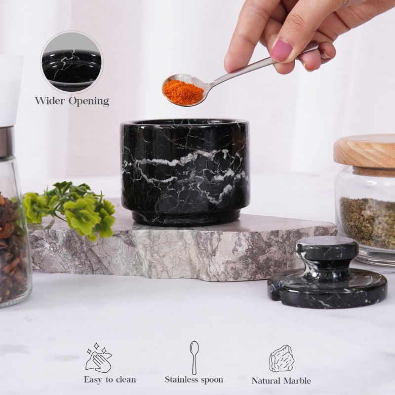 Marble Salt Cellar with Lid and Spoon 3'' Black Zebra Salt Holder for Kitchen Table Décor - Seasoning Storage Container
