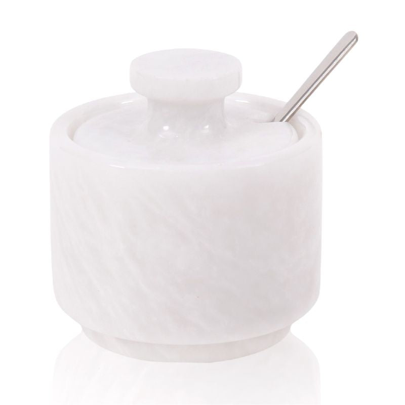 Marble Salt Cellar with Lid and Spoon 3'' White Sugar, Salt & Pepper Bowls Home Storage - spices For kitchen Table