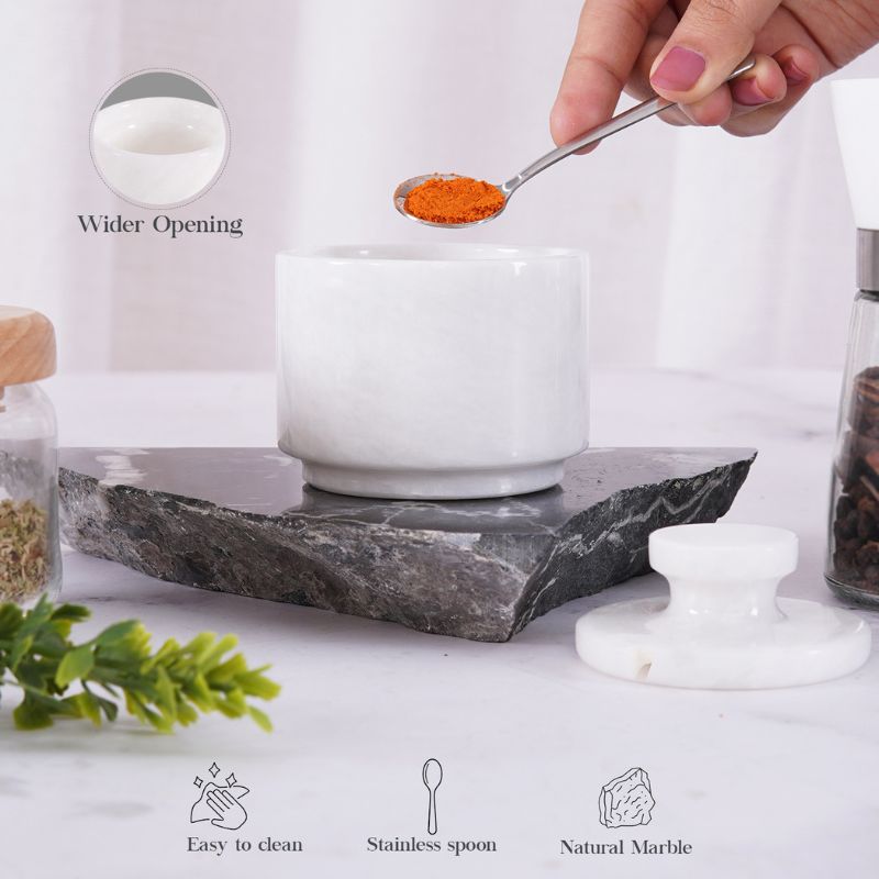 Marble Salt Cellar with Lid and Spoon 3'' White Sugar, Salt & Pepper Bowls Home Storage - spices For kitchen Table