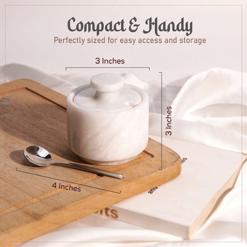Marble Salt Cellar with Lid and Spoon 3'' White Sugar, Salt & Pepper Bowls Home Storage - spices For kitchen Table
