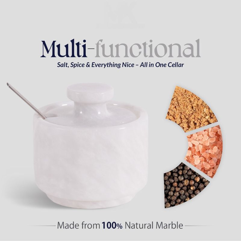 Marble Salt Cellar with Lid and Spoon 3'' White Sugar, Salt & Pepper Bowls Home Storage - spices For kitchen Table