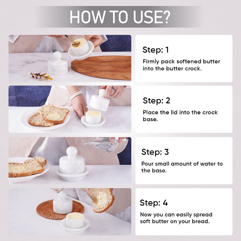 Marble Butter Dish With Lid 4" White Butter container for Soft Spreadable Butter keeper - kitchen counter