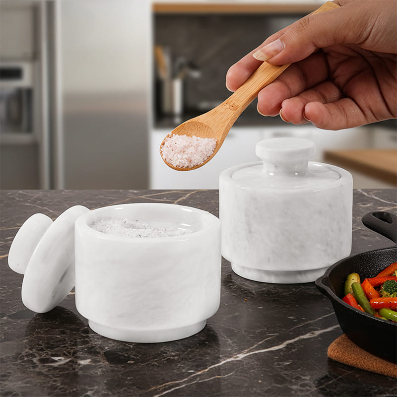 Marble Salt Cellar Set of 2 with Lid — Handcrafted Natural Stone Salt Box for Kitchen