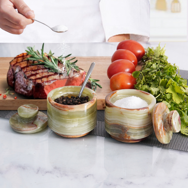 Marble Salt Cellar with Lid and Spoon 3" Green Onyx Sugar & Spice Containers Kitchen Countertop- Seasoning Jars