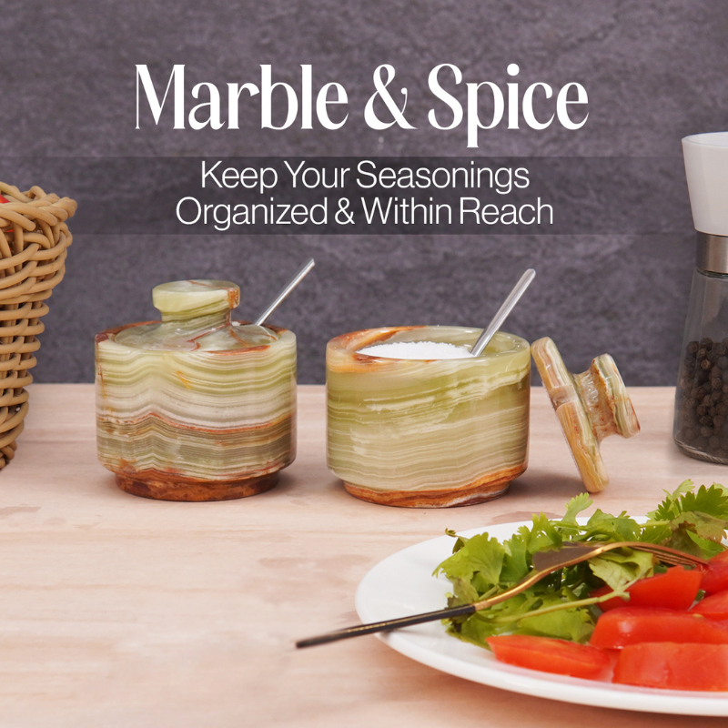 Marble Salt Cellar with Lid and Spoon 3" Green Onyx Sugar & Spice Containers Kitchen Countertop- Seasoning Jars