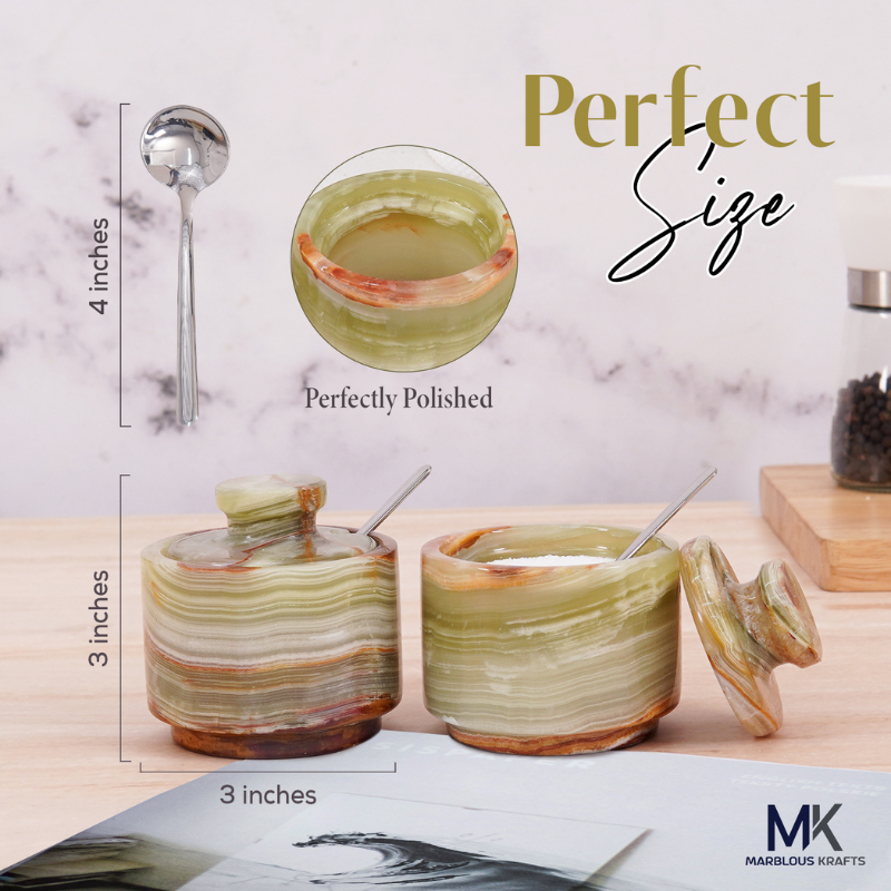 Marble Salt Cellar with Lid and Spoon 3" Green Onyx Sugar & Spice Containers Kitchen Countertop- Seasoning Jars
