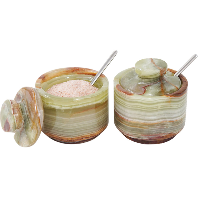Marble Salt Cellar with Lid and Spoon 3" Green Onyx Sugar & Spice Containers Kitchen Countertop- Seasoning Jars