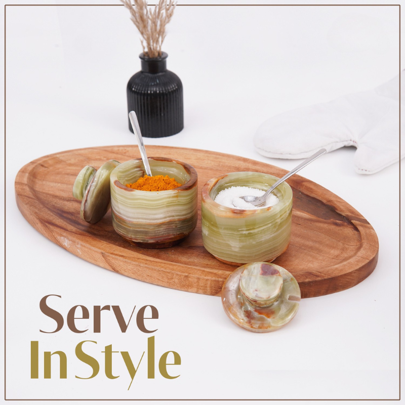 Marble Salt Cellar with Lid and Spoon 3" Green Onyx Sugar & Spice Containers Kitchen Countertop- Seasoning Jars