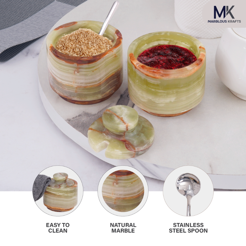 Marble Salt Cellar with Lid and Spoon 3" Green Onyx Sugar & Spice Containers Kitchen Countertop- Seasoning Jars