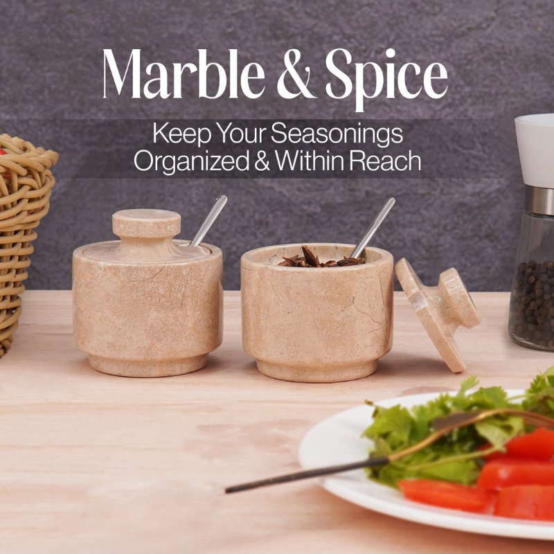 Marble Salt Cellar with Lid and Spoon 3'' Inch Verona Garlic Salt & Sugar Dispenser Home Décor - Coffee Container