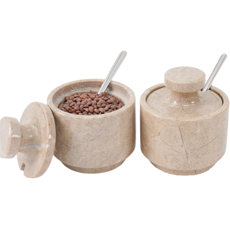 Marble Salt Cellar with Lid and Spoon 3'' Inch Verona Garlic Salt & Sugar Dispenser Home Décor - Coffee Container