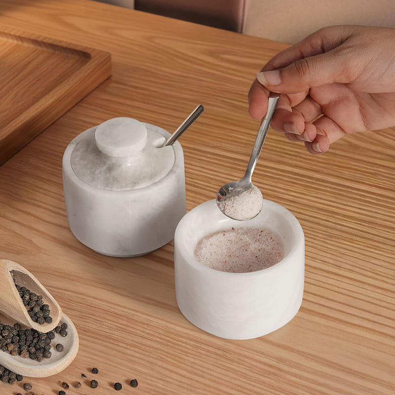 Marble Salt Cellars with Lid and Spoons 3" Celtic & Sea Salt Holder Kitchen Table Décor - Storage Container