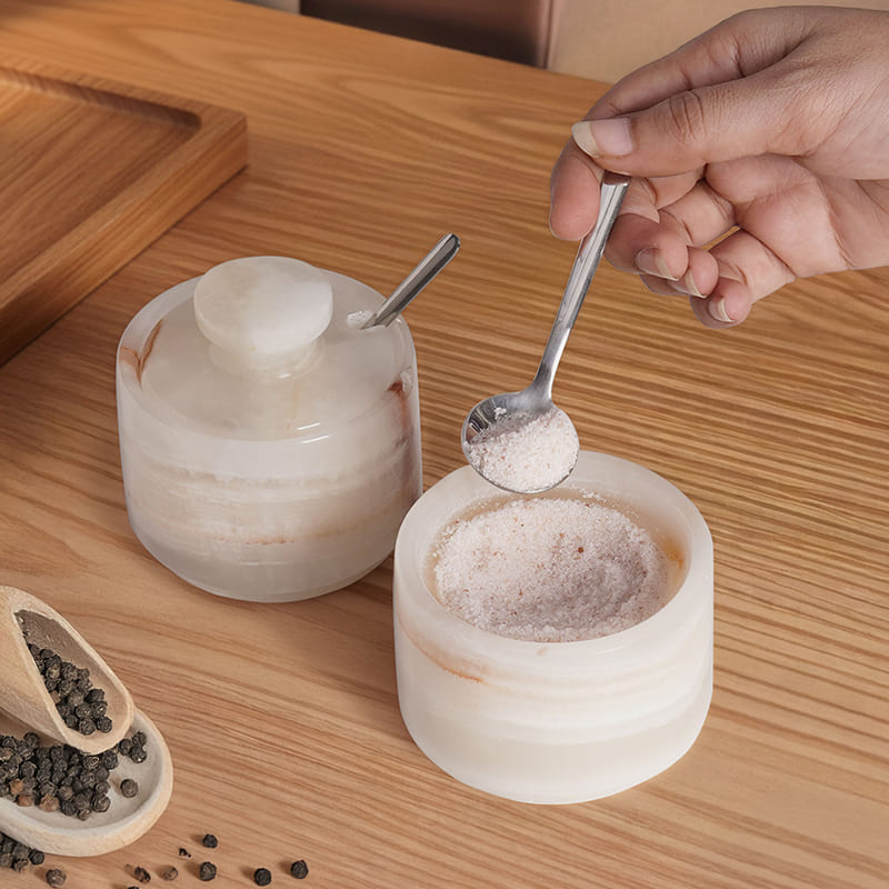 Marble Salt Cellars with Lid and Spoons 3" Celtic & Sea Salt Holder Kitchen Table Décor - Storage Container