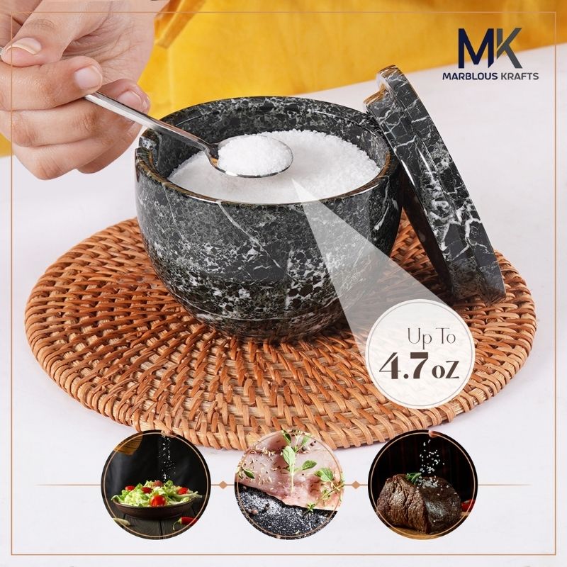 Salt Cellar with Lid & Spoon Black Zebra 4" Sugar & Salt Bowl For Kitchen Storage-  Seasoning Jar