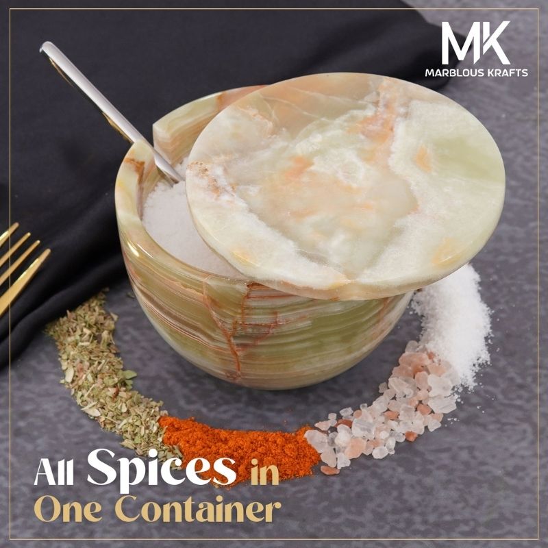 Salt Cellar with Lid & Spoon Green Onyx 4" Sugar & Spice Dispenser Kitchen Storage Accessories