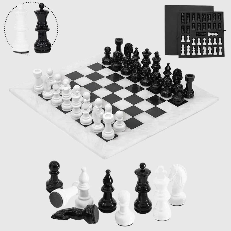 Marble 15" White and Black Chess Set with Metallic Figures, Storage Box Extra Queen