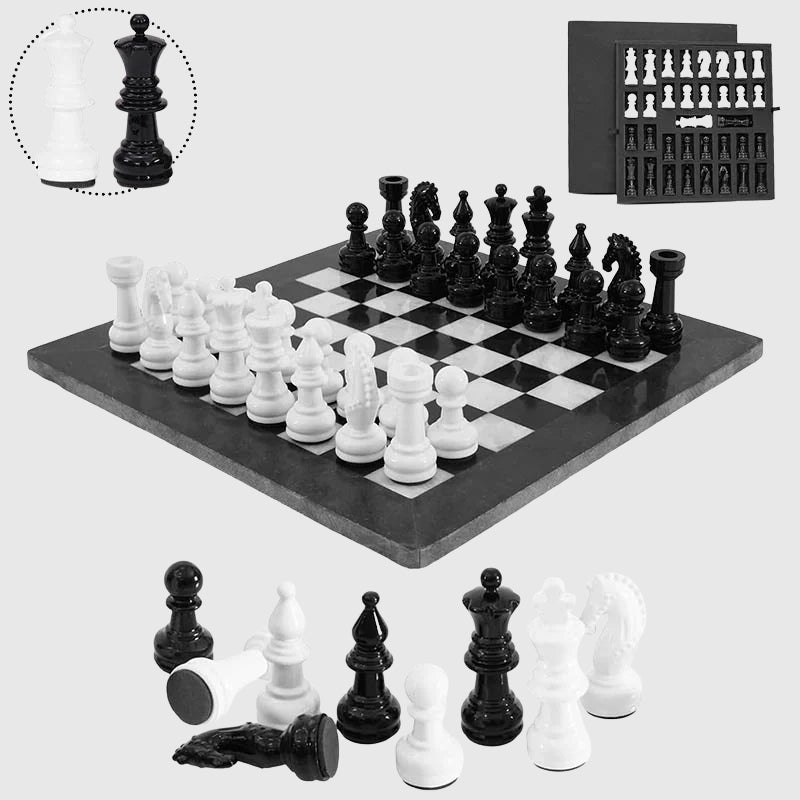 Marble 15" Black and White Chess Set with Metallic Figures, Storage Box Extra Queen