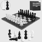 Marble 15" Black and White Chess Set with Metallic Figures, Storage Box Extra Queen