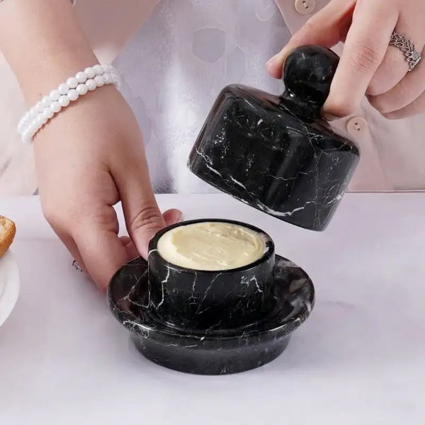 Open Black Marble Butter Crock with Lid - French Butter Keeper